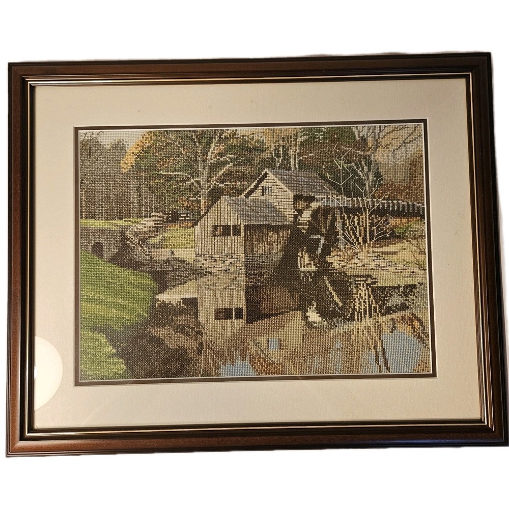 Framed Needlepoint Mill Scene Rustic Watermill Cross Stitch Art Handmade